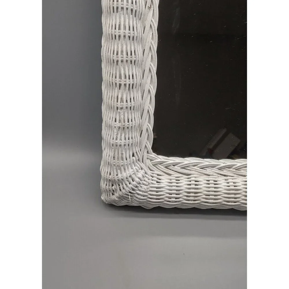 Vintage 1970s White Wicker Wall Mirror Cottage Retro, Rectangular 16